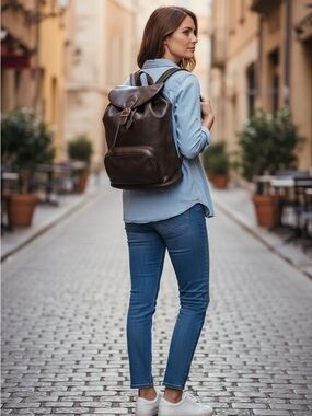 Cole Haan Leather Drawstring Flap Backpack — Dark Brown — Unisex — VGC